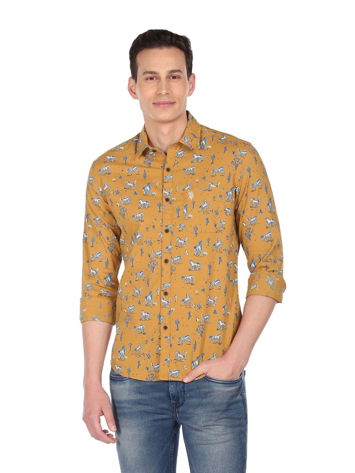 men mustard patch pocket printed casual shirt