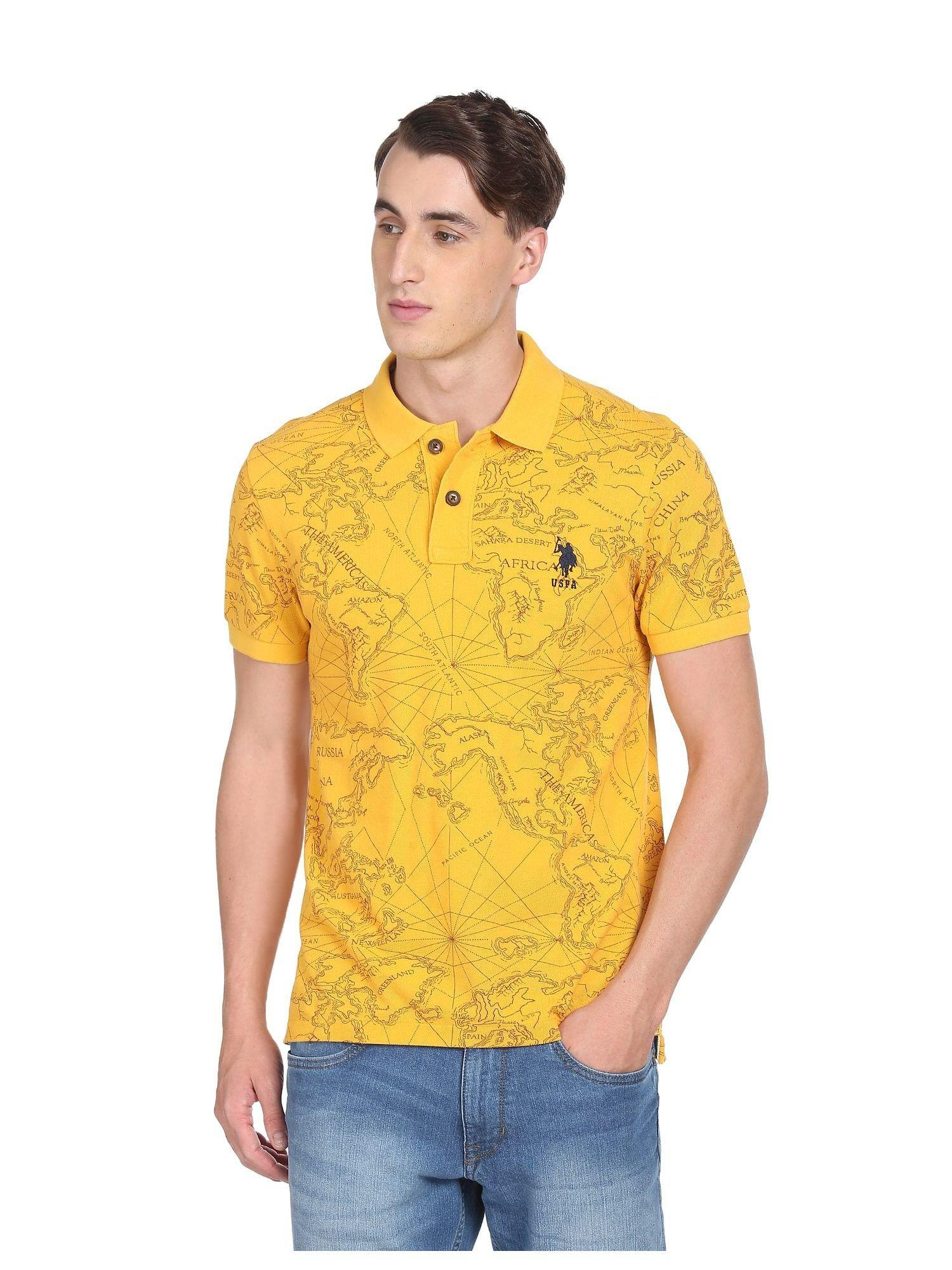 men mustard pique all over print cotton polo t-shirt