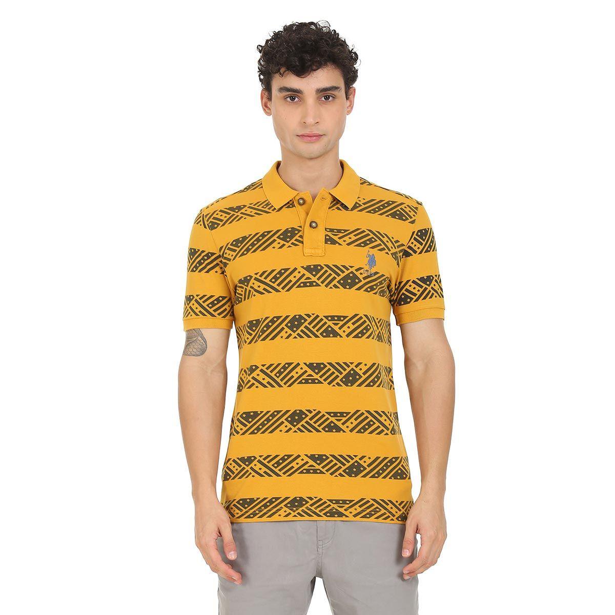 men mustard printed cotton polo shirt
