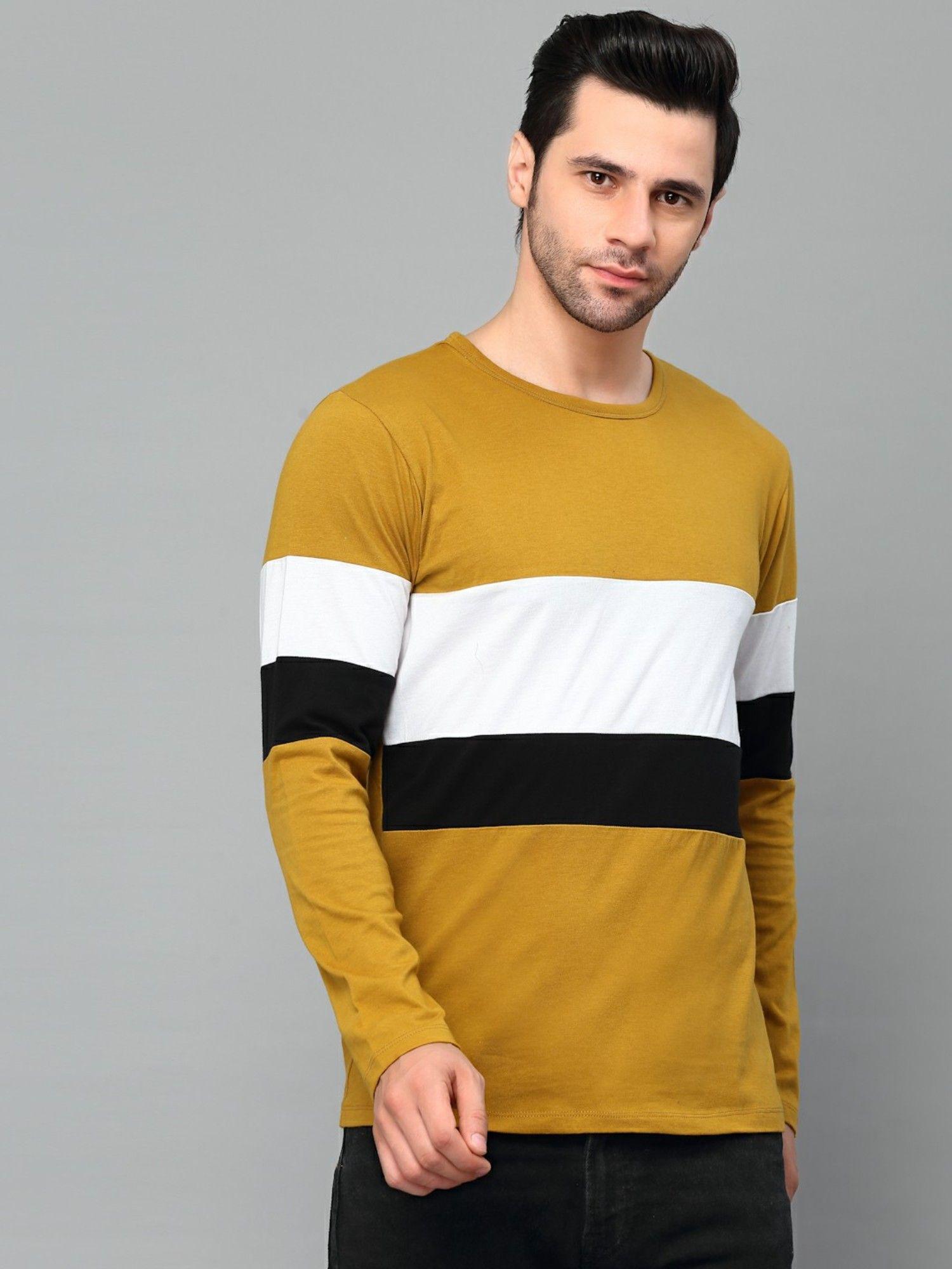 men mustard round neck cut and sew full sleeve t-shirt