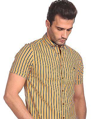 men mustard short sleeve striped casual shirt