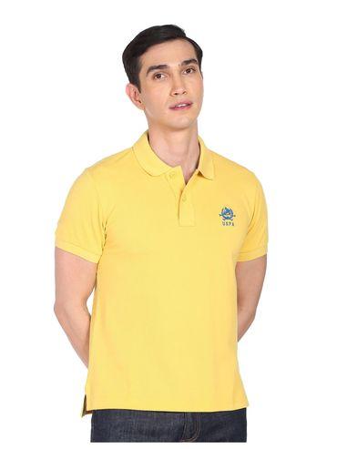 men mustard solid embroidered logo pique polo t-shirt