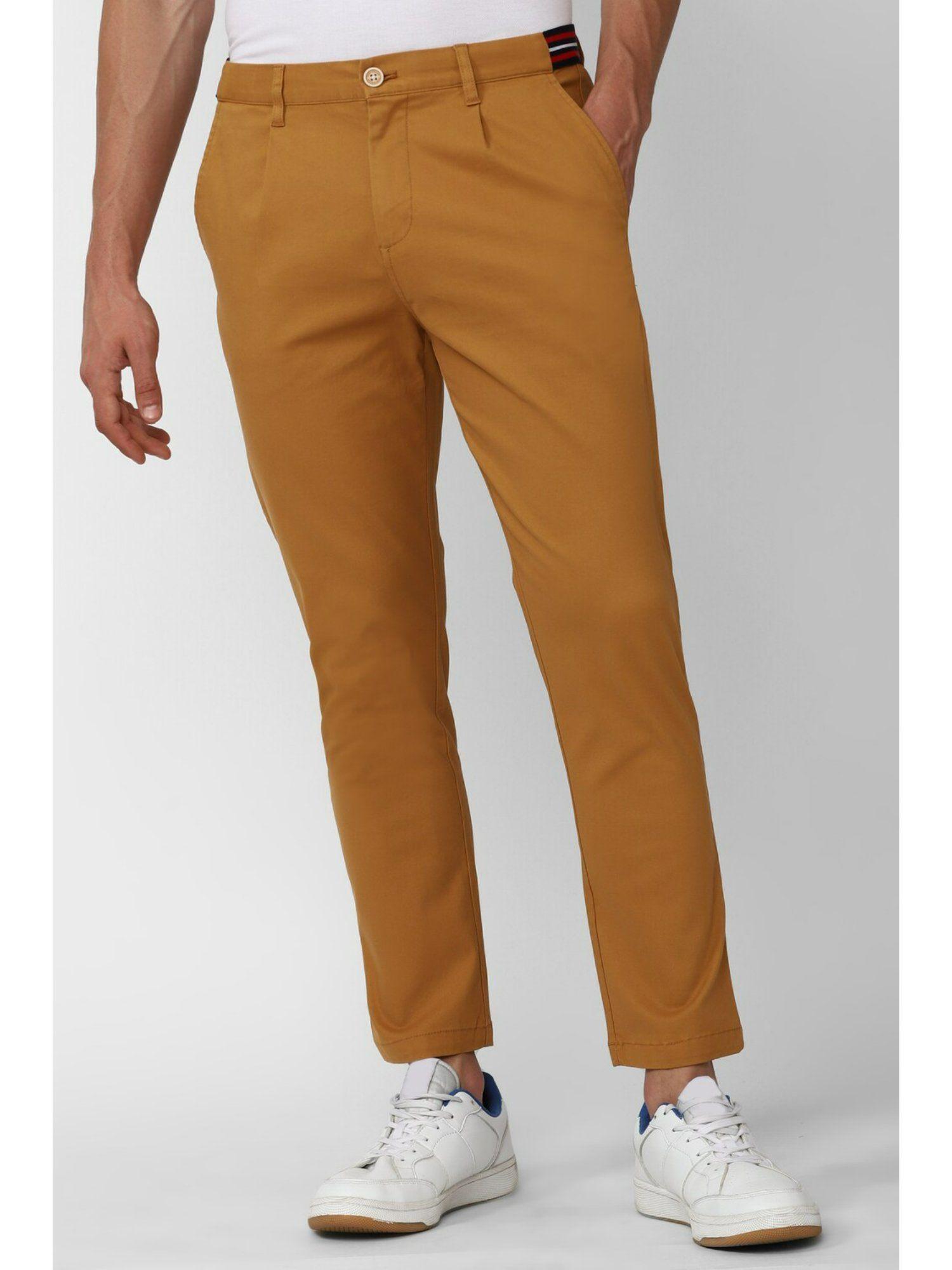 men mustard solid regular fit casual trousers