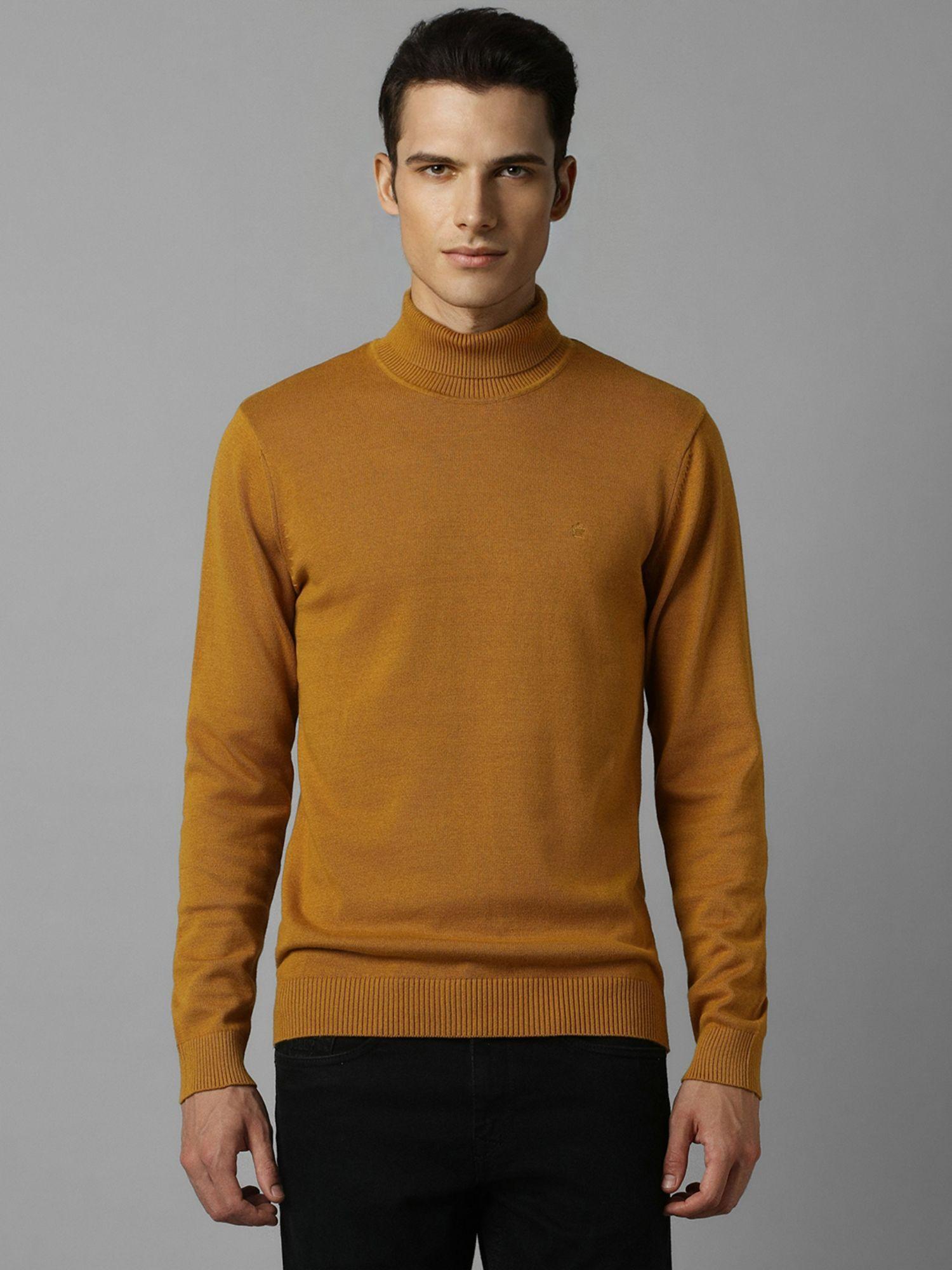 men mustard solid turtle neck full sleeves sweater