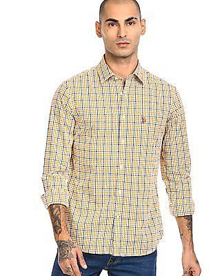 men mustard spread collar check casual shirt