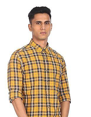 men mustard spread collar check casual shirt