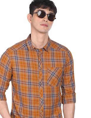 men mustard tartan check pure cotton casual shirt