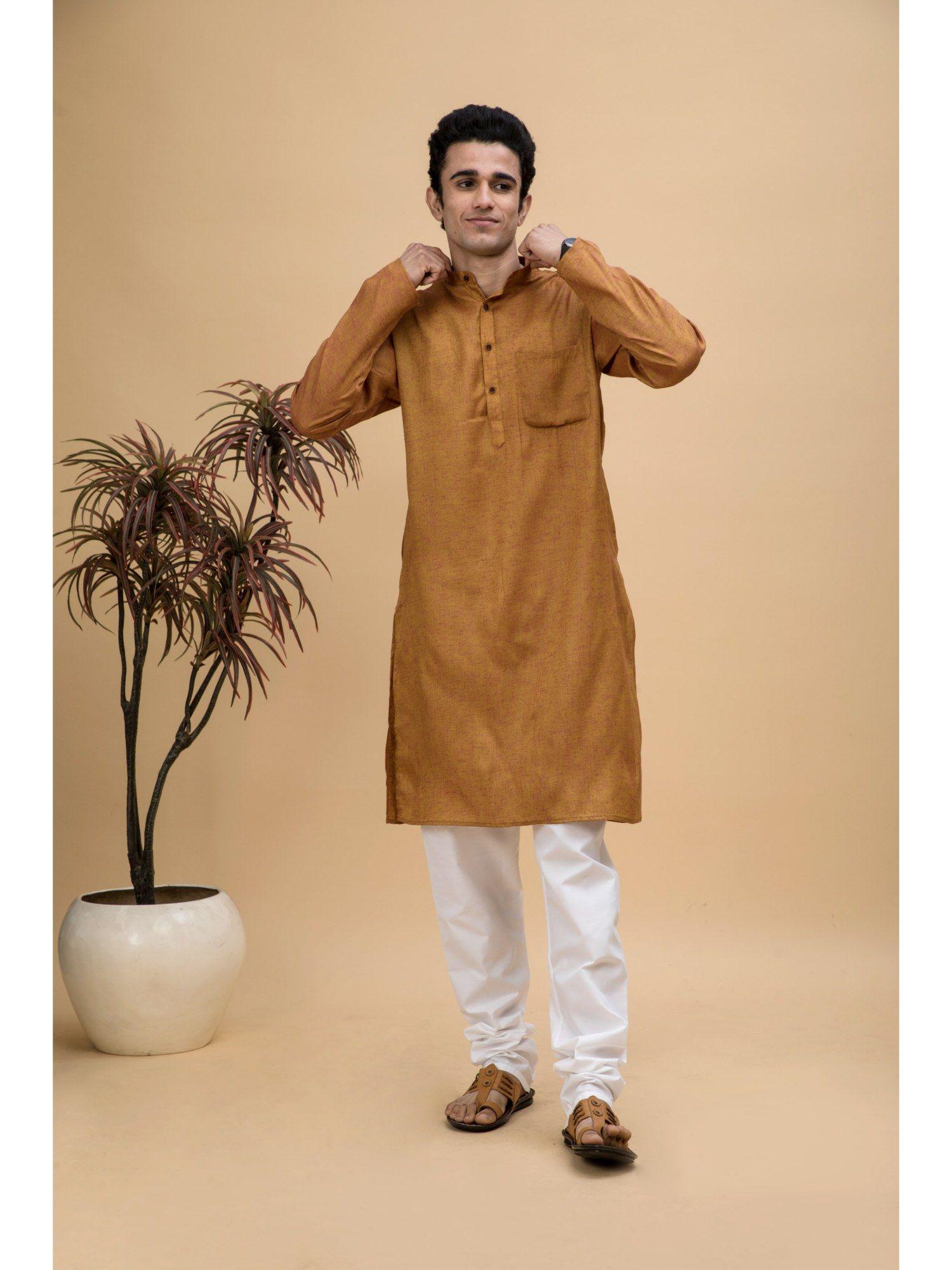 men mustard yellow cotton linen blend long kurta (set of 2)