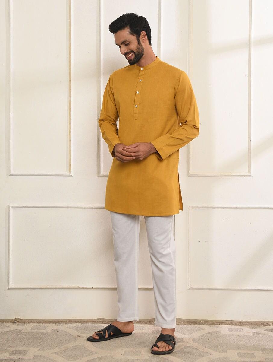 men mustard yellow cotton solid mandarin collar regular fit kurta