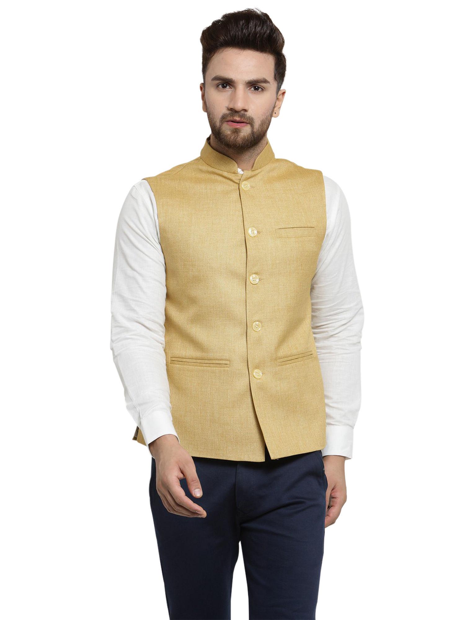 men mustard yellow solid nehru jacket