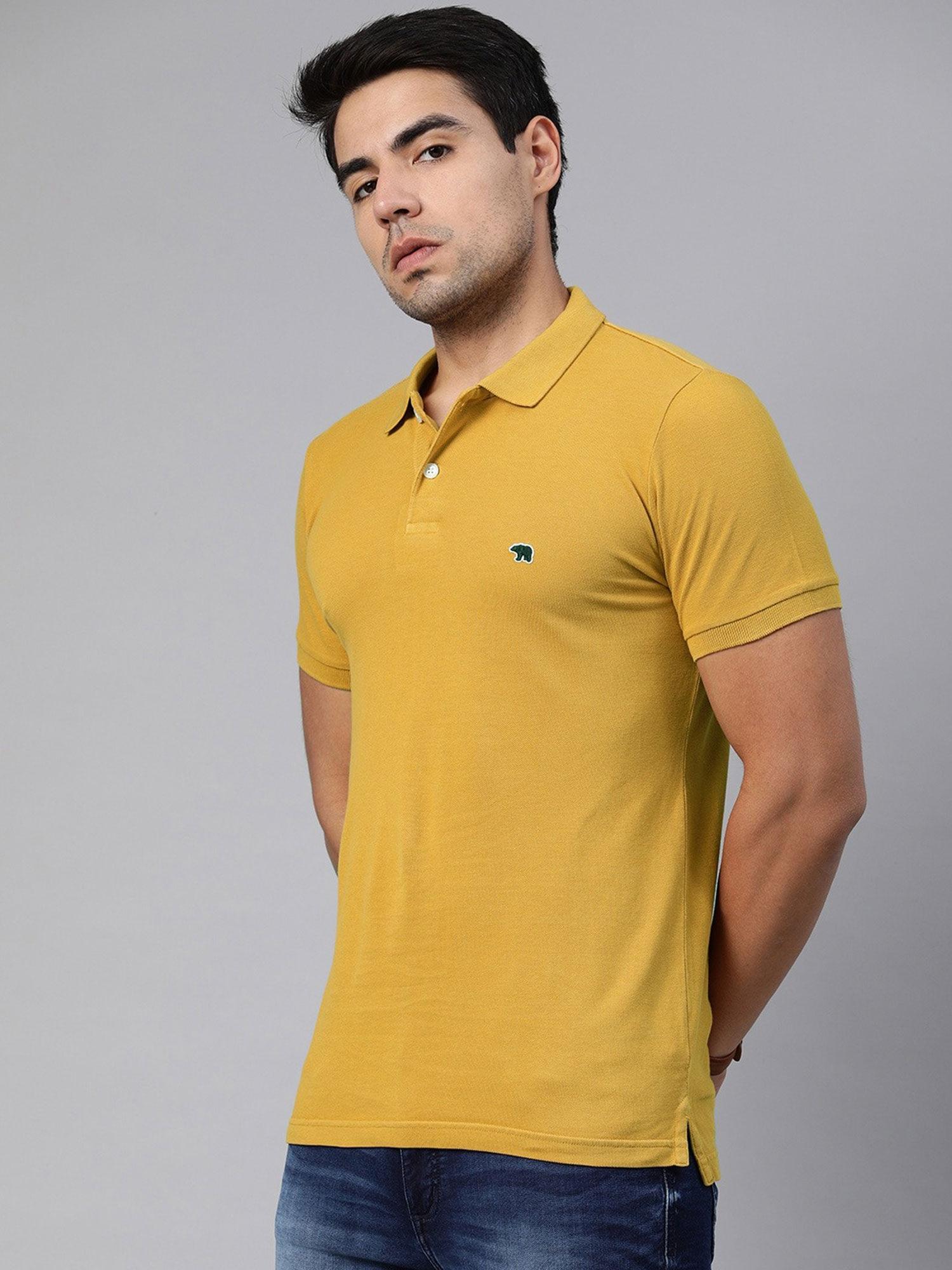 men mustard yellow solid polo collar t-shirt