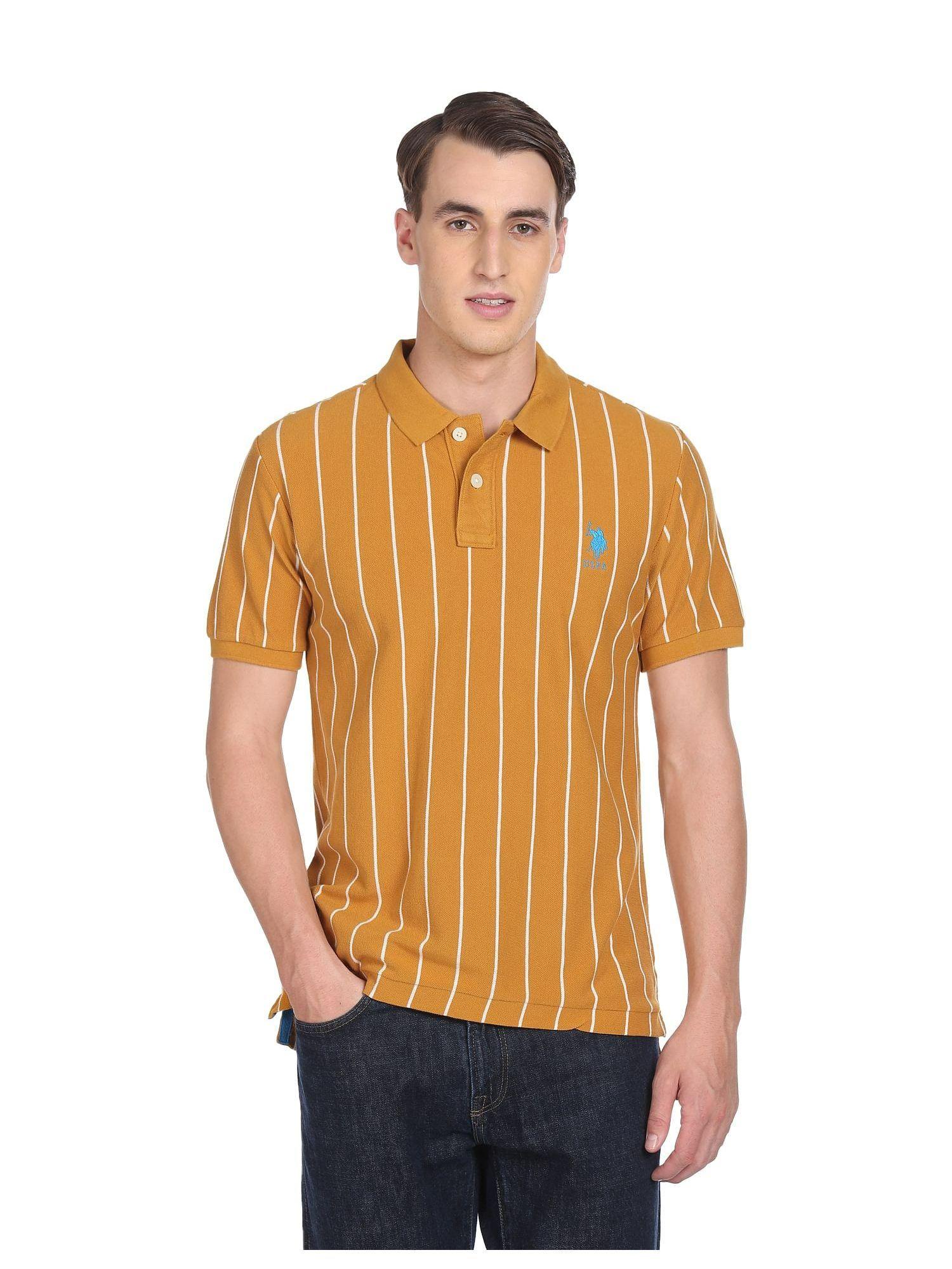 men mustard yellow vertical stripe cotton polo t-shirt