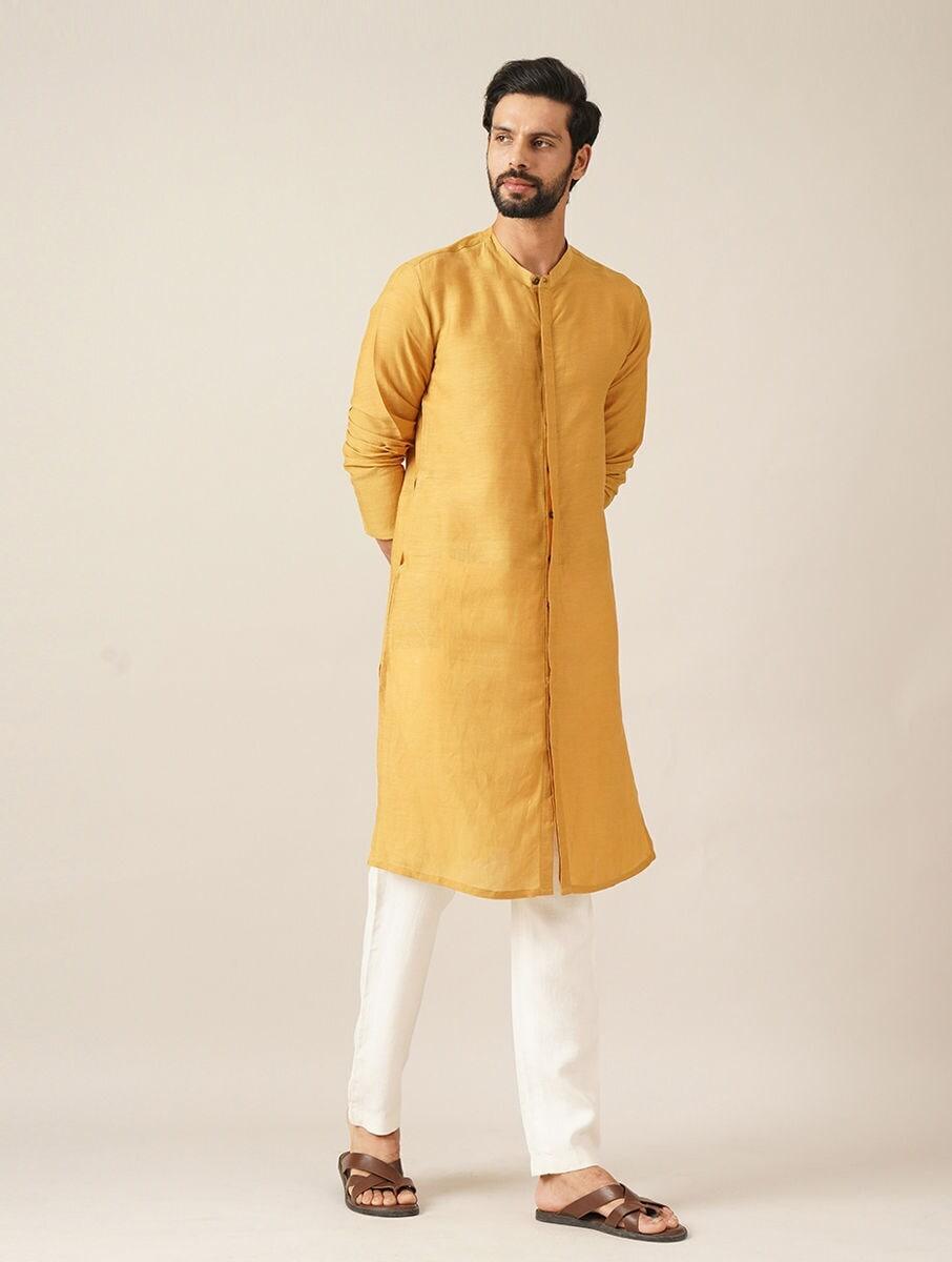 men mustard yellow viscose solid regular fit kurta