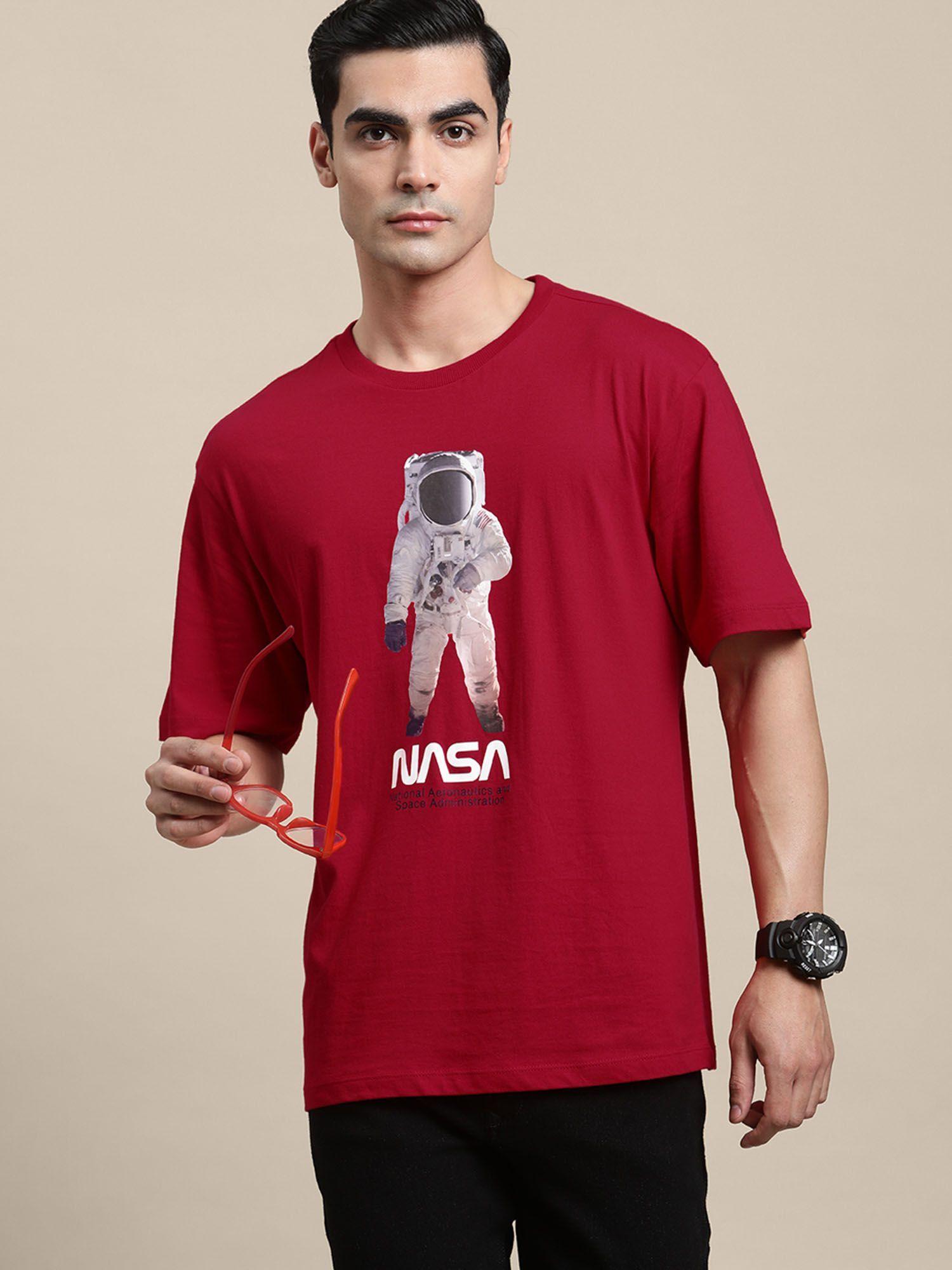 men nasa printed red half sleeve loose fit t-shirt