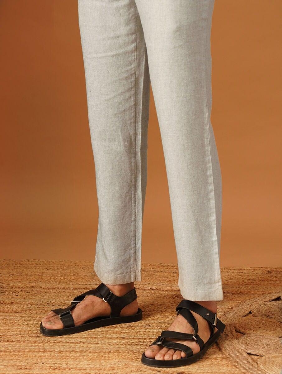men natural white linen solid ankle length straight fit pants