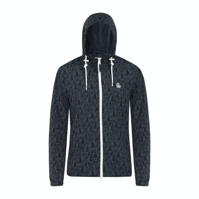 men navy all-over penguin print front-zip hoodie