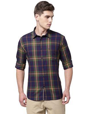 men navy and green spread collar check casual shirt