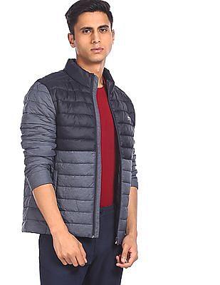 men navy and grey high neck colour block jacket