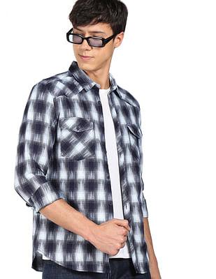 men navy and white abstract check herringbone casual shirt