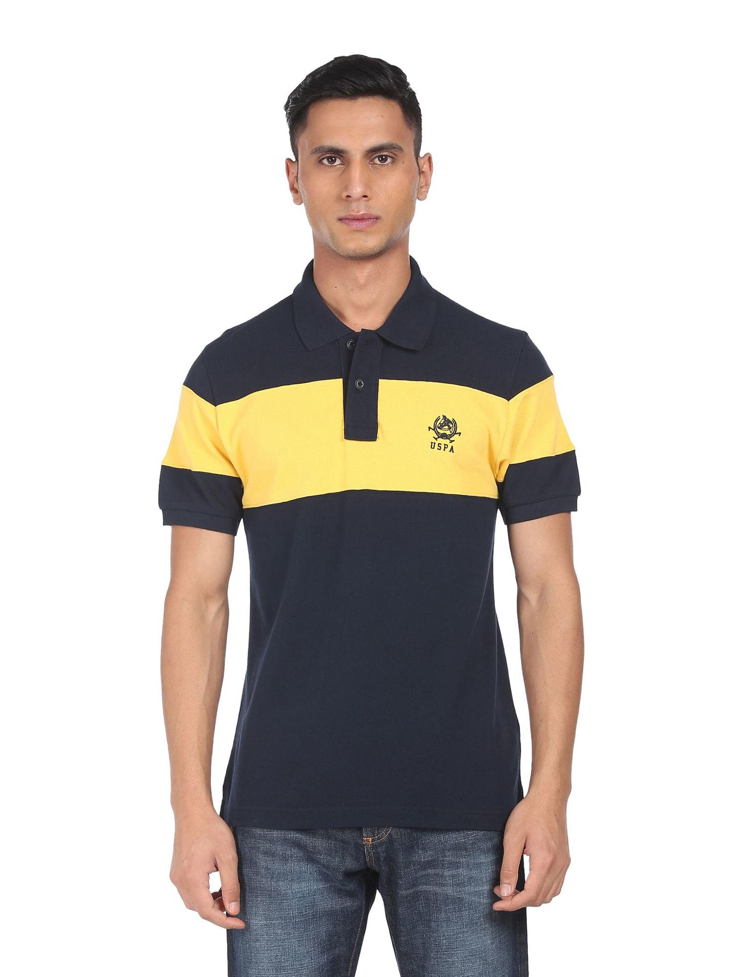 men navy and yellow cotton colour block polo t-shirt