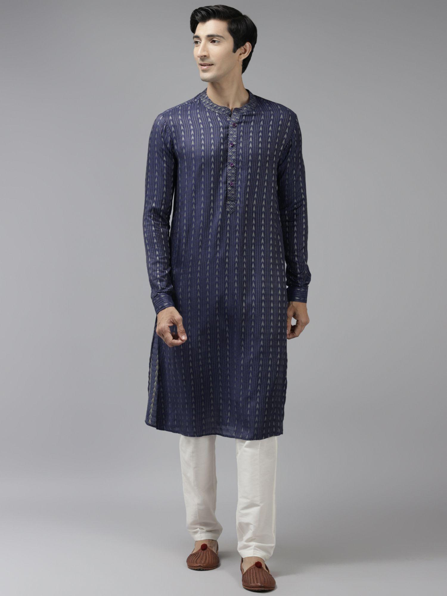 men navy blue & beige woven design thread work kurta with pyjama (set of 2)