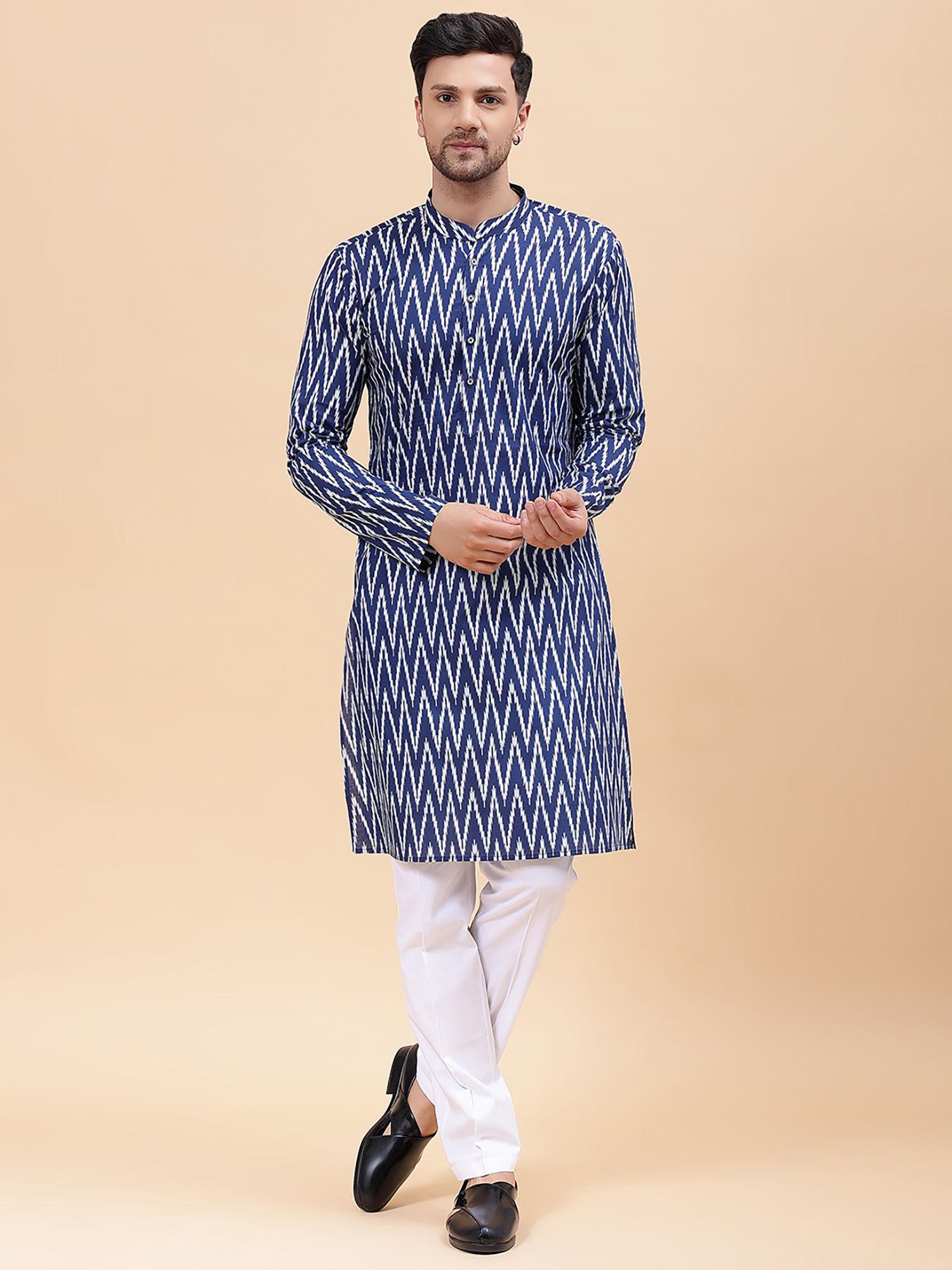 men navy blue & white pure cotton printed straight kurta