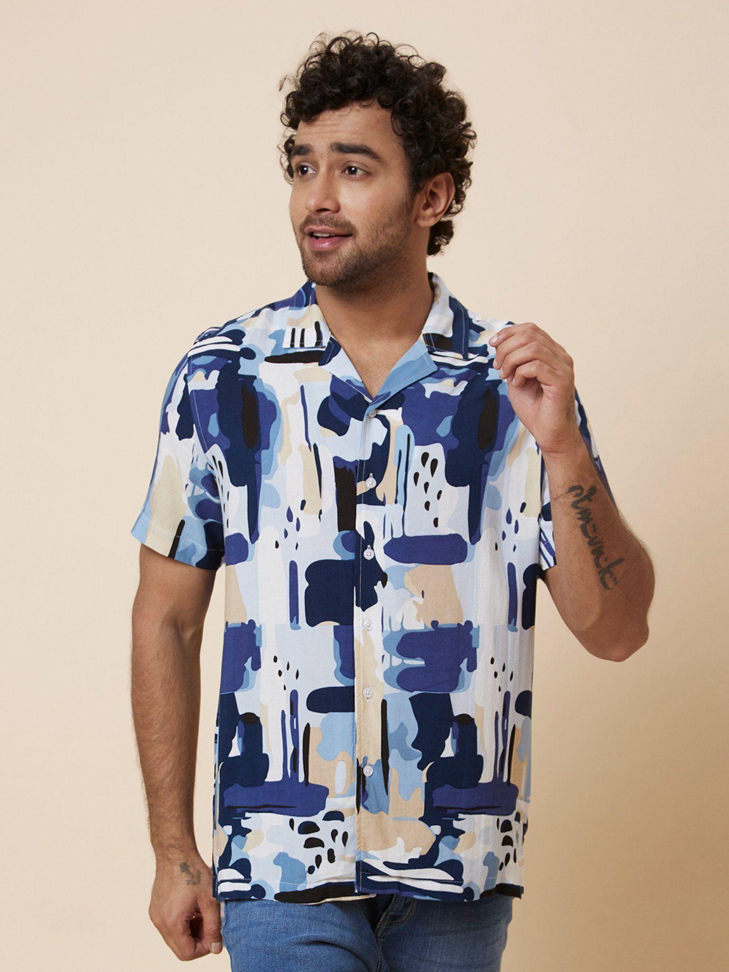 men navy blue abstract printed regular fit casual resort shirt