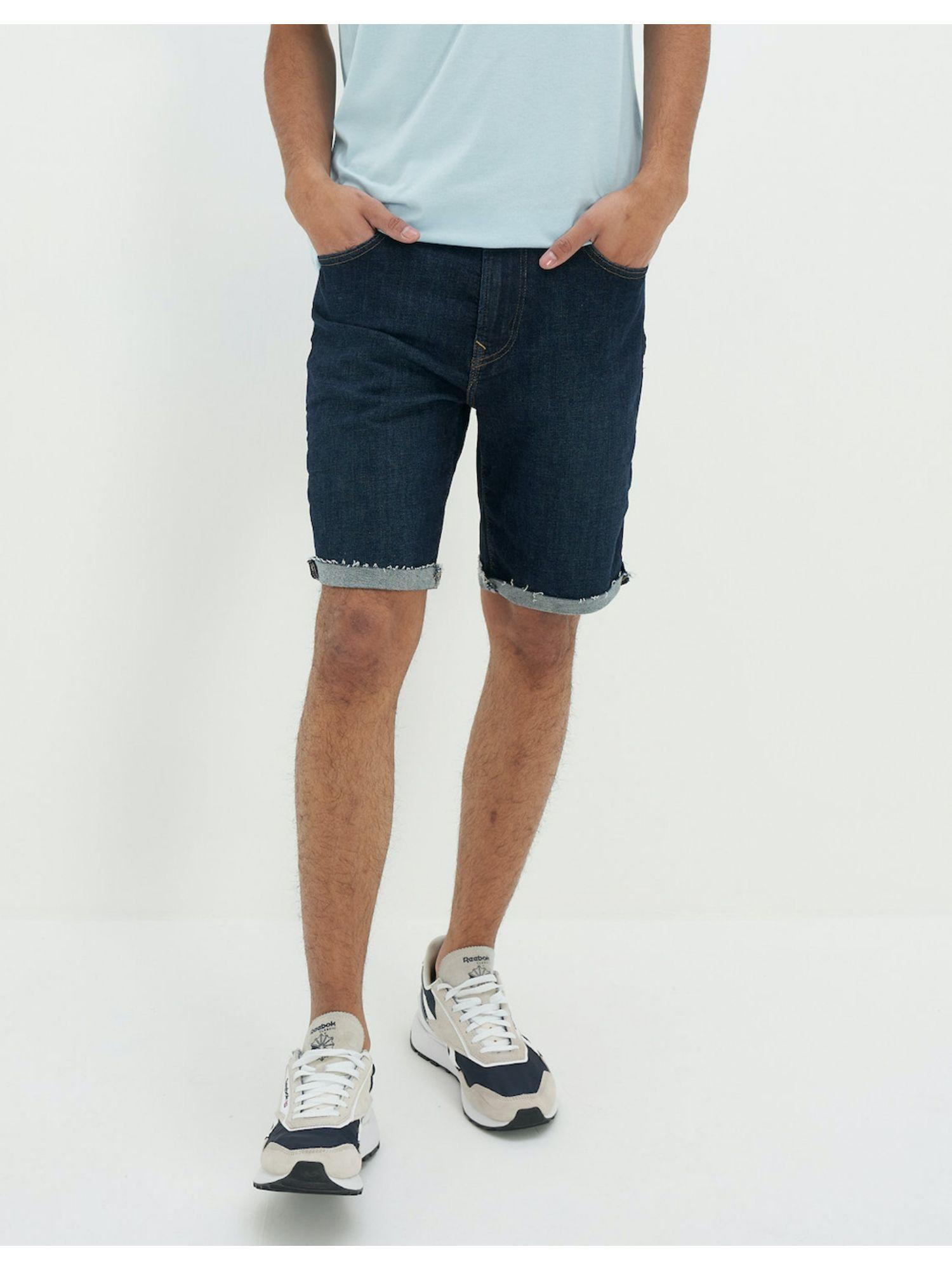 men navy blue airflex 9 inches denim shorts