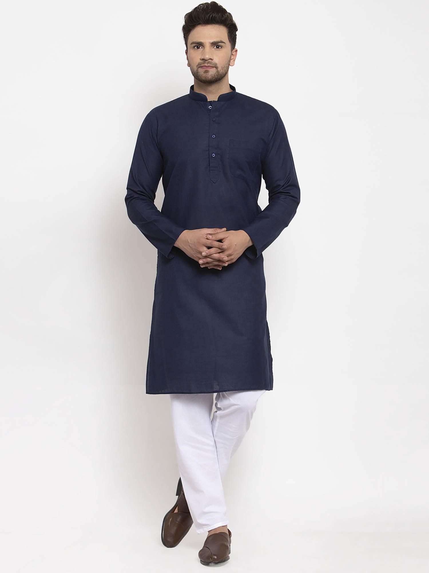 men navy blue and white cotton solid kurta with pyjamas (set of 2)