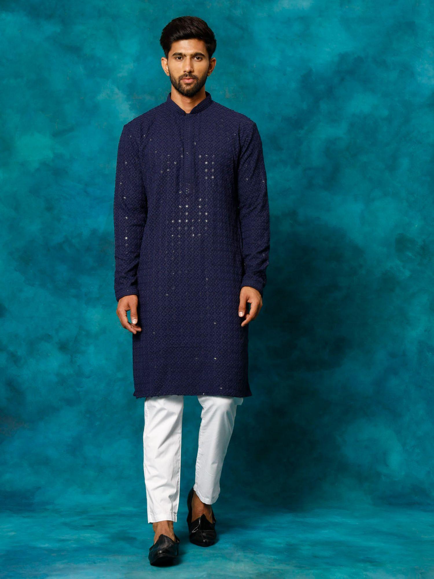 men navy blue and white rayon cotton kurta pyjama (set of 2)