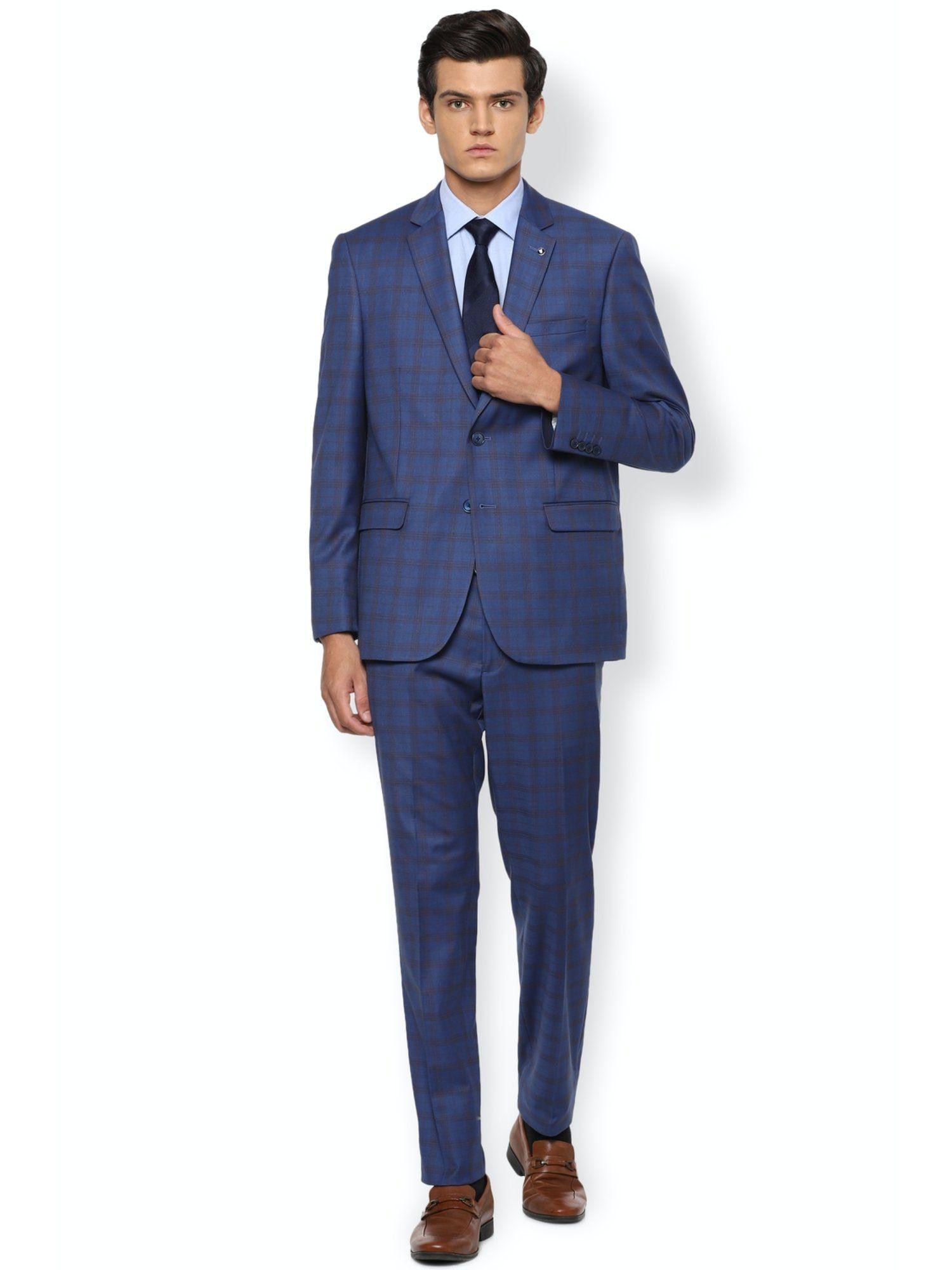 men navy blue check slim fit formal suit (set of 2)