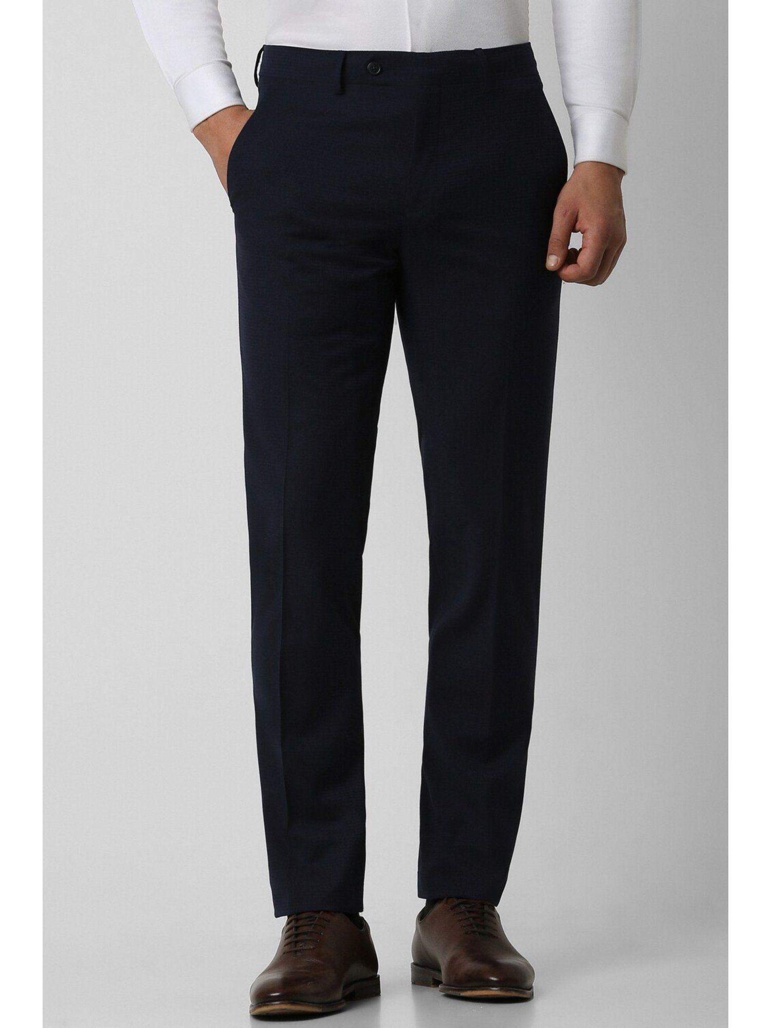 men navy blue check slim fit formal trousers