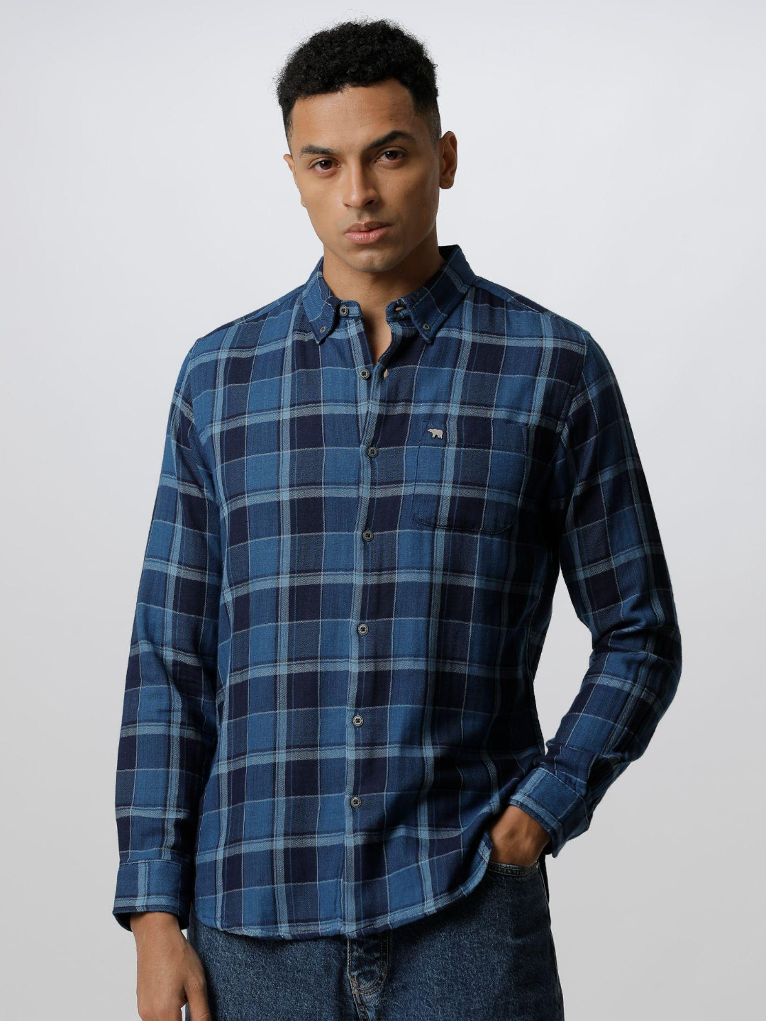 men navy blue checked slim fit cotton casual shirt