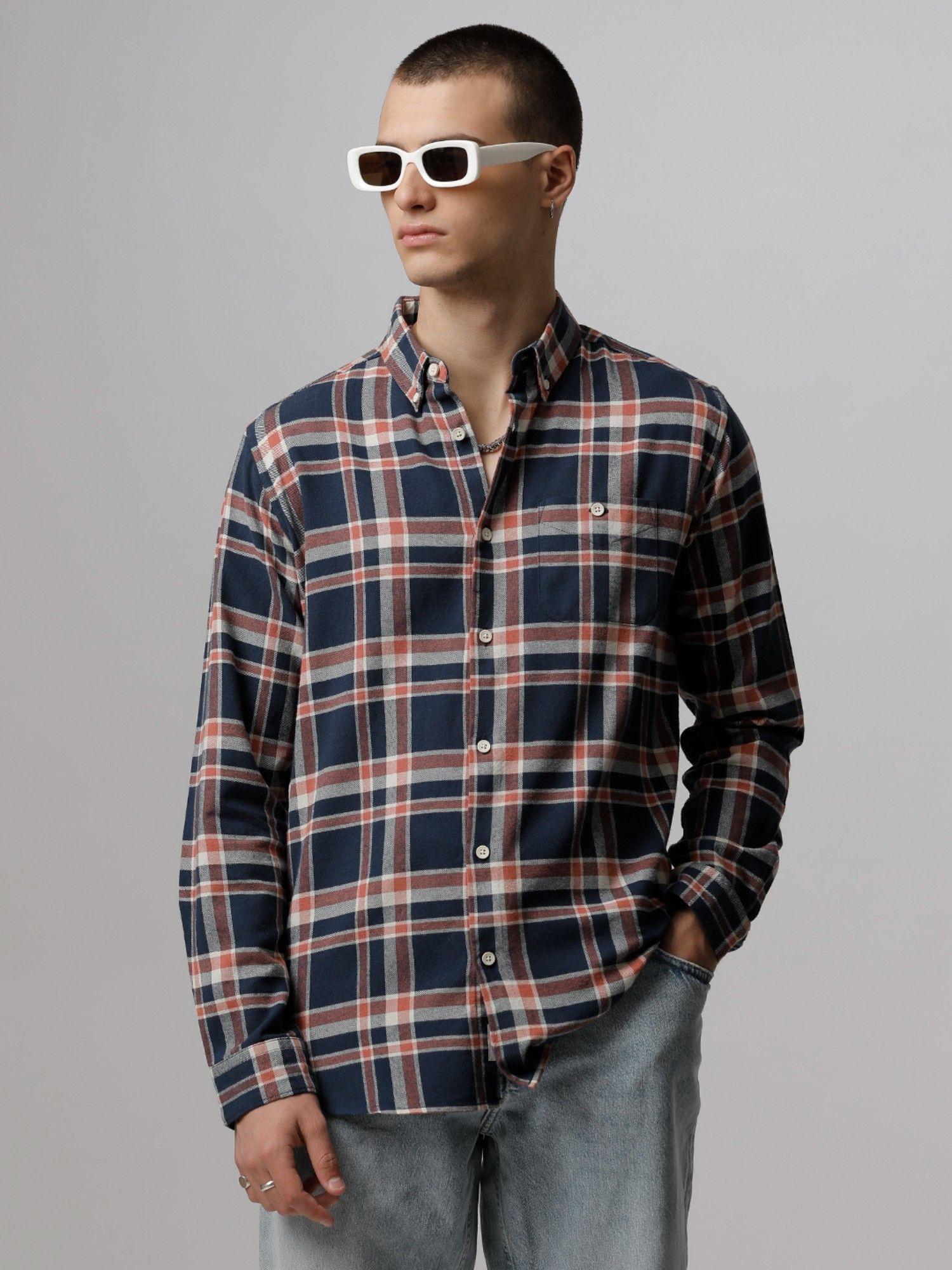 men navy blue checked slim fit cotton casual shirt