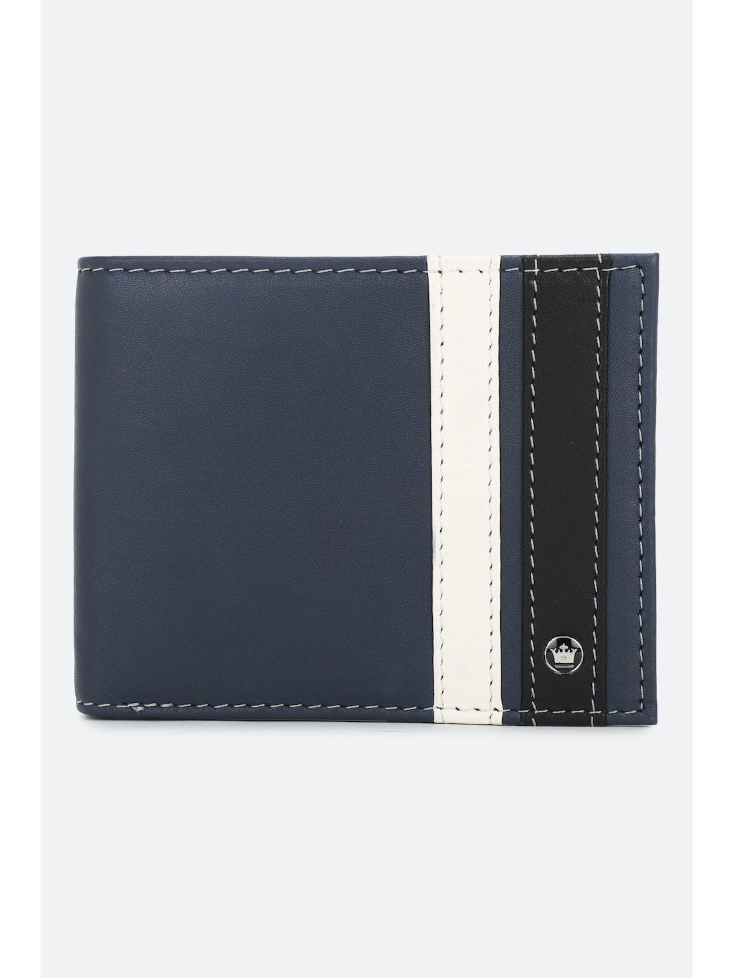 men navy blue colorblock genuine leather wallet