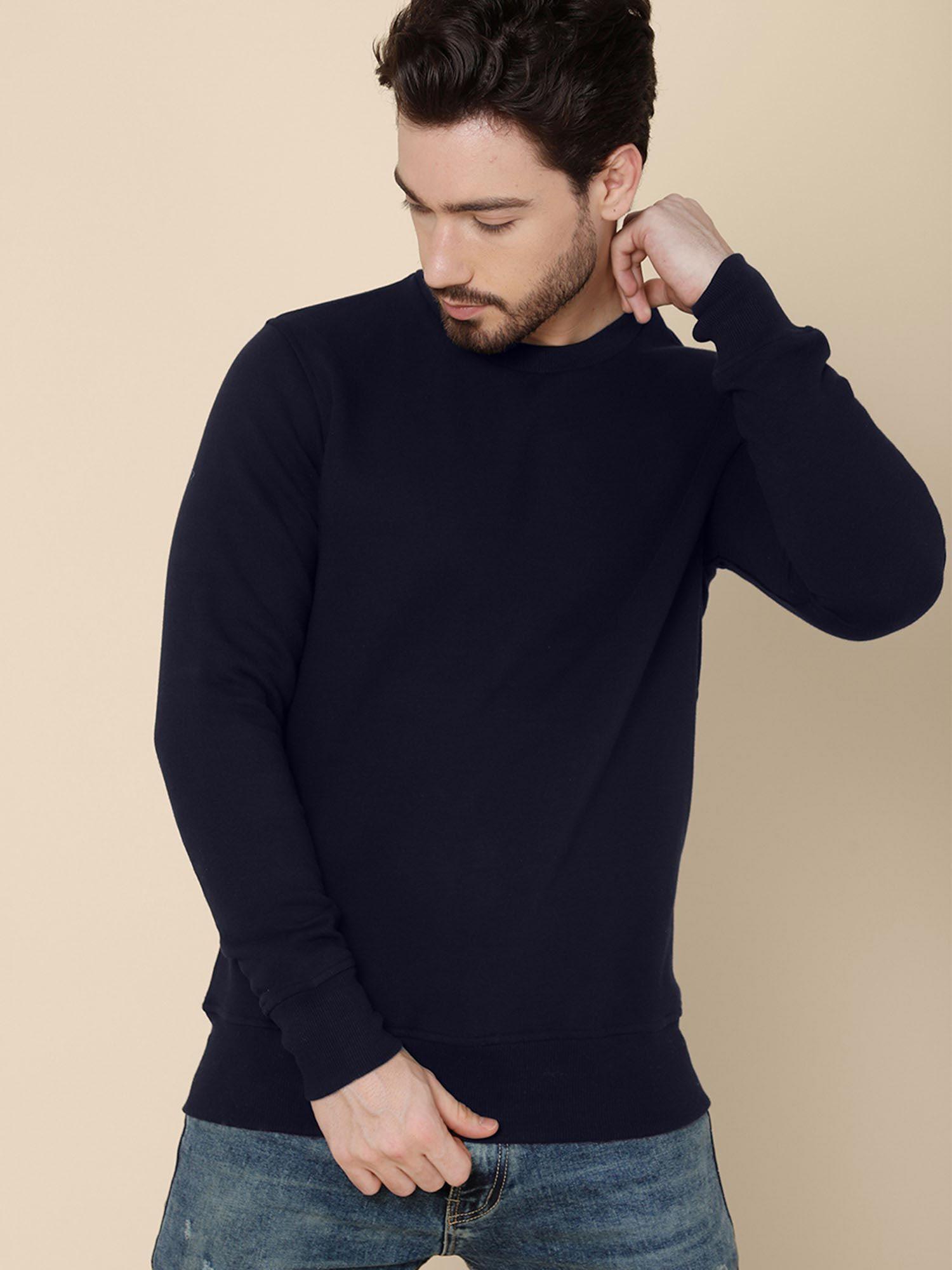 men navy blue coloured solid pullover sweatshirt