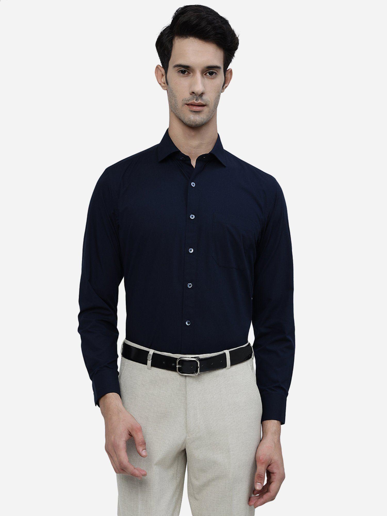 men navy blue cotton blend slim fit solid formal shirt