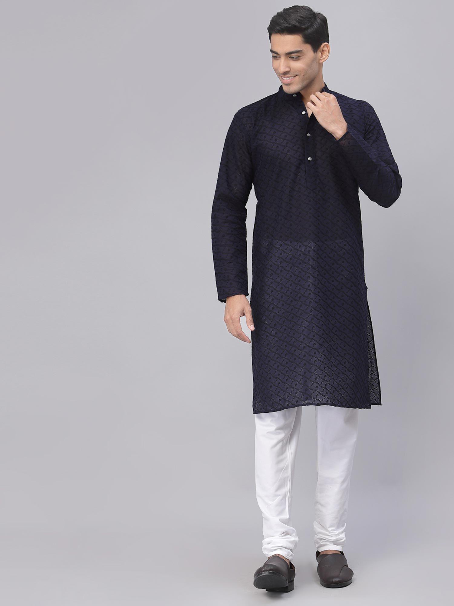 men navy blue cotton chikankari straight kurta and churidaar (set of 2)