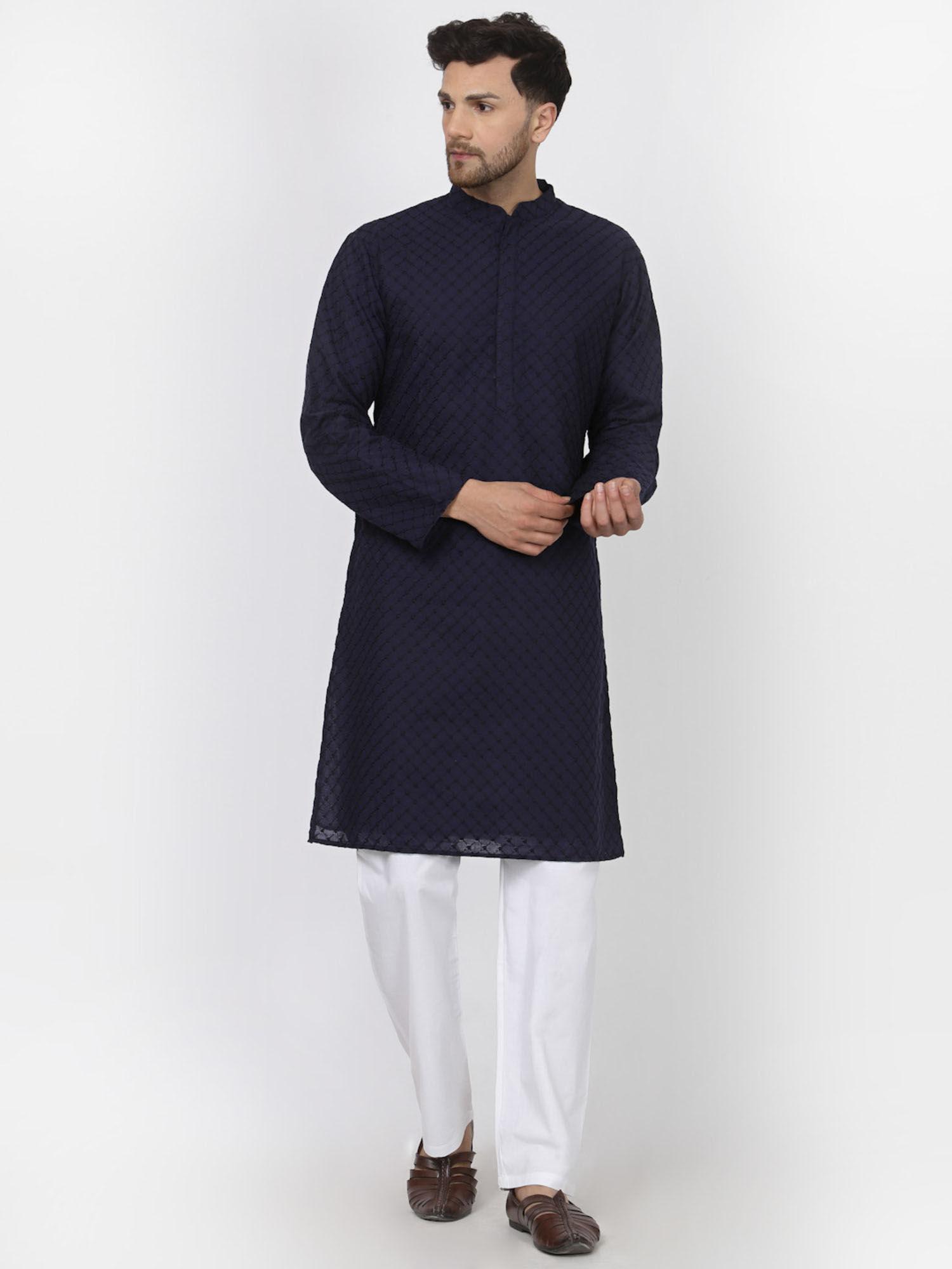 men navy blue cotton embroidered kurta with pyjama (set of 2)