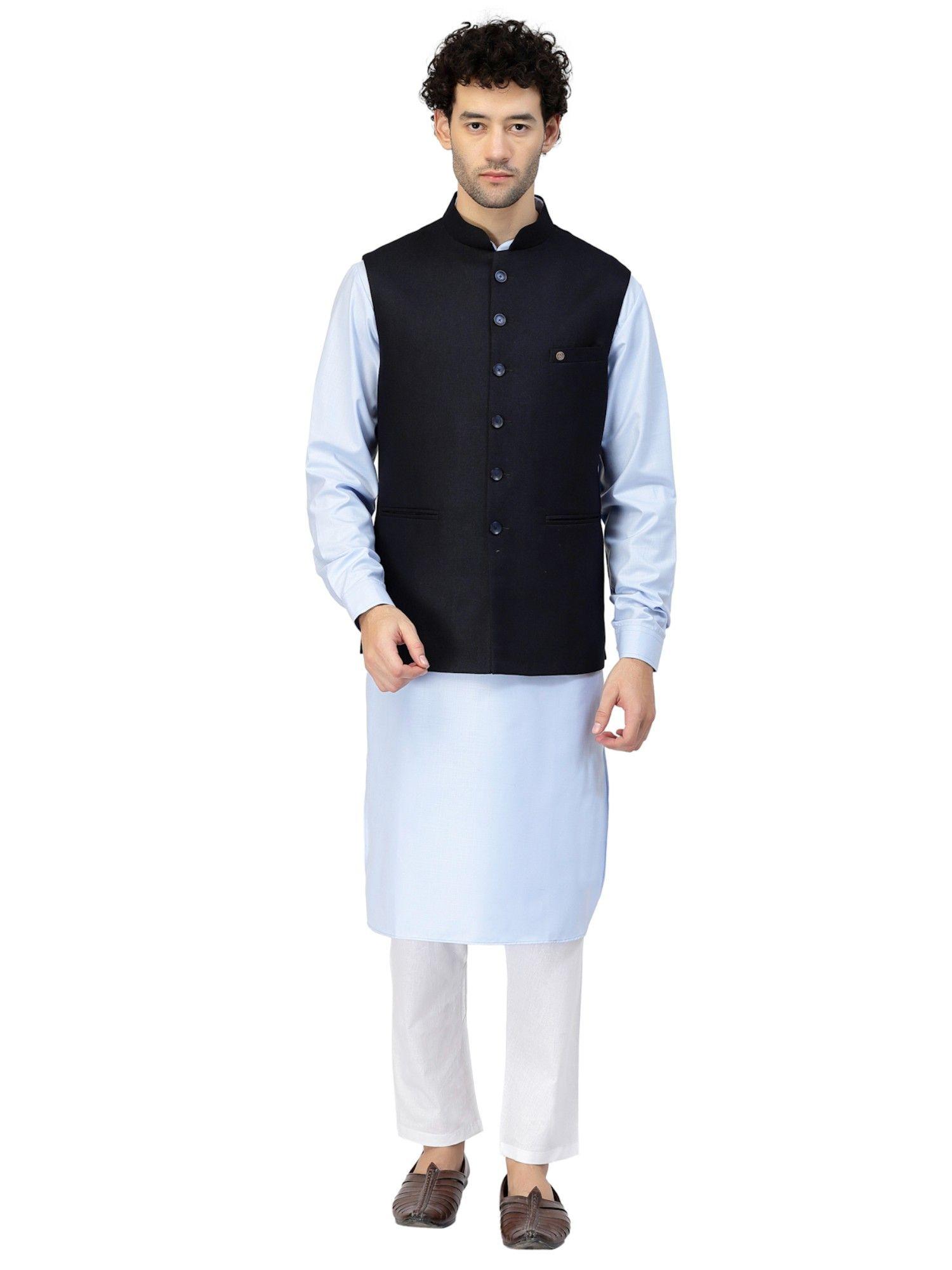 men navy blue cotton jute woven kurta with nehru jacket (set of 3)