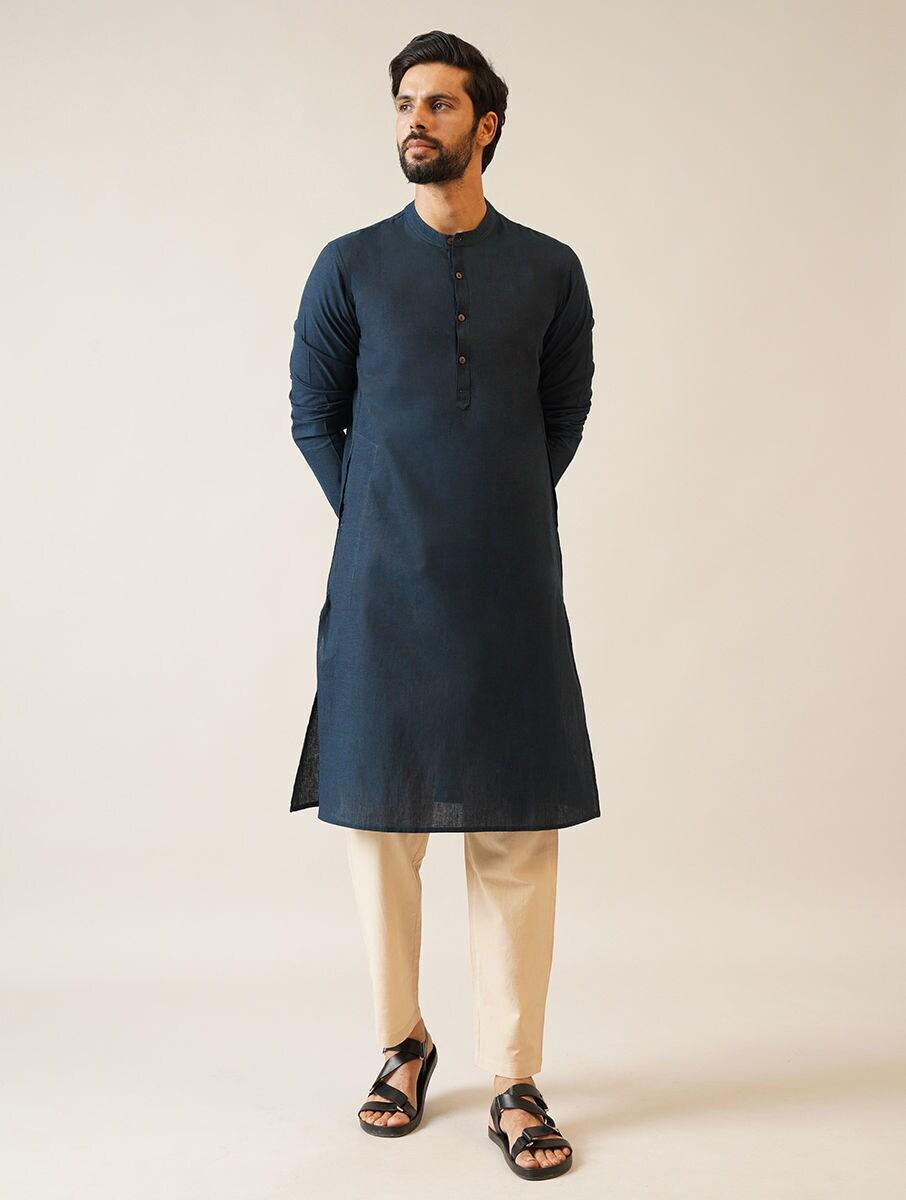 men navy blue cotton mandarin collar regular fit kurta