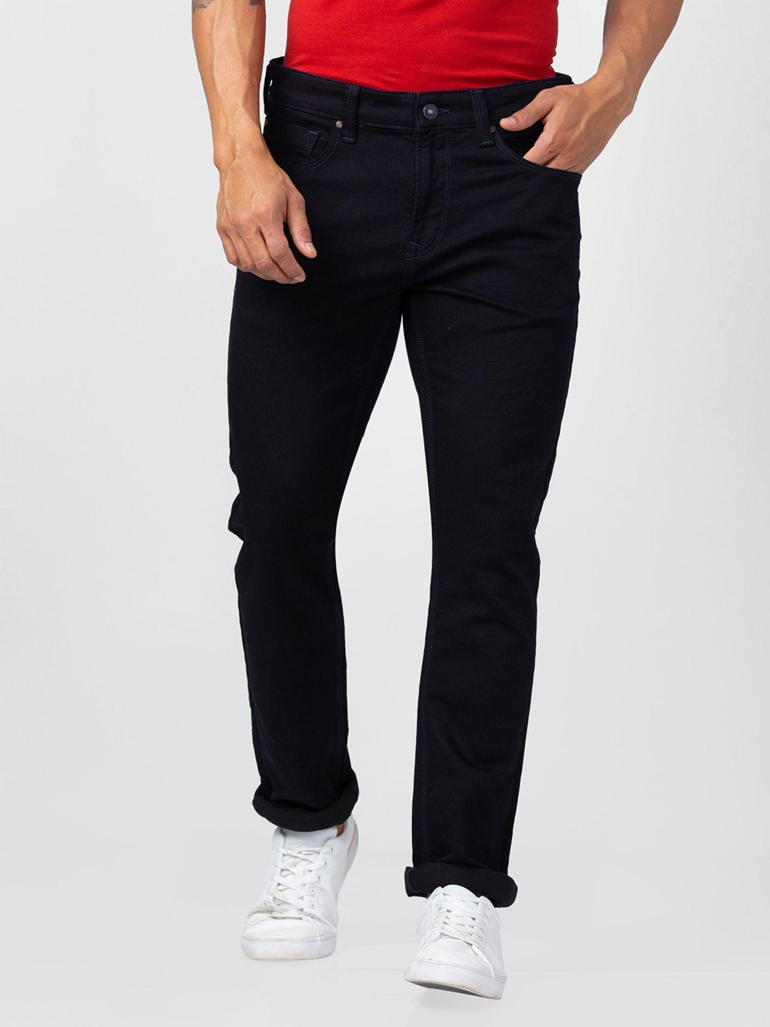 men navy blue cotton regular fit narrow length jeans (rover)