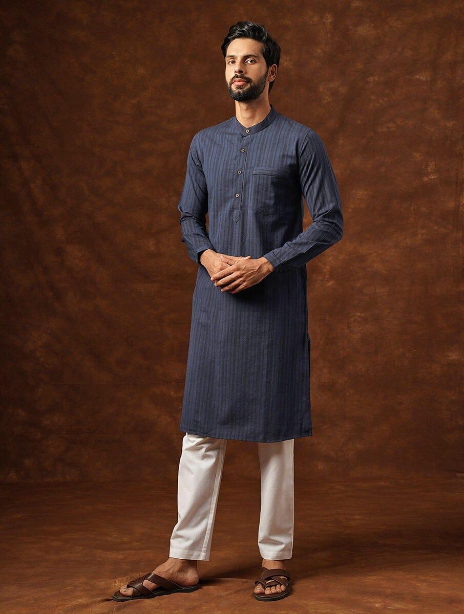 men navy blue cotton self design regular fit kurta