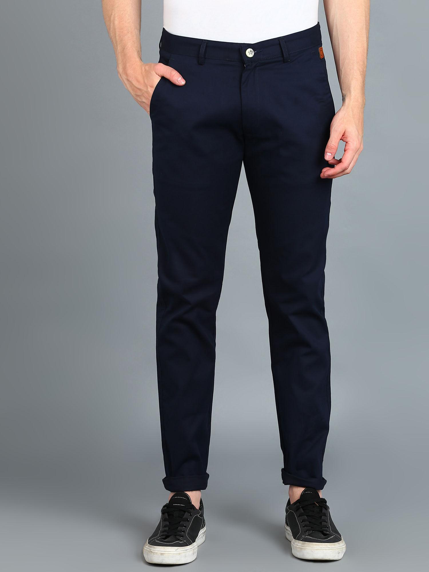 men navy blue cotton slim fit casual chinos trousers