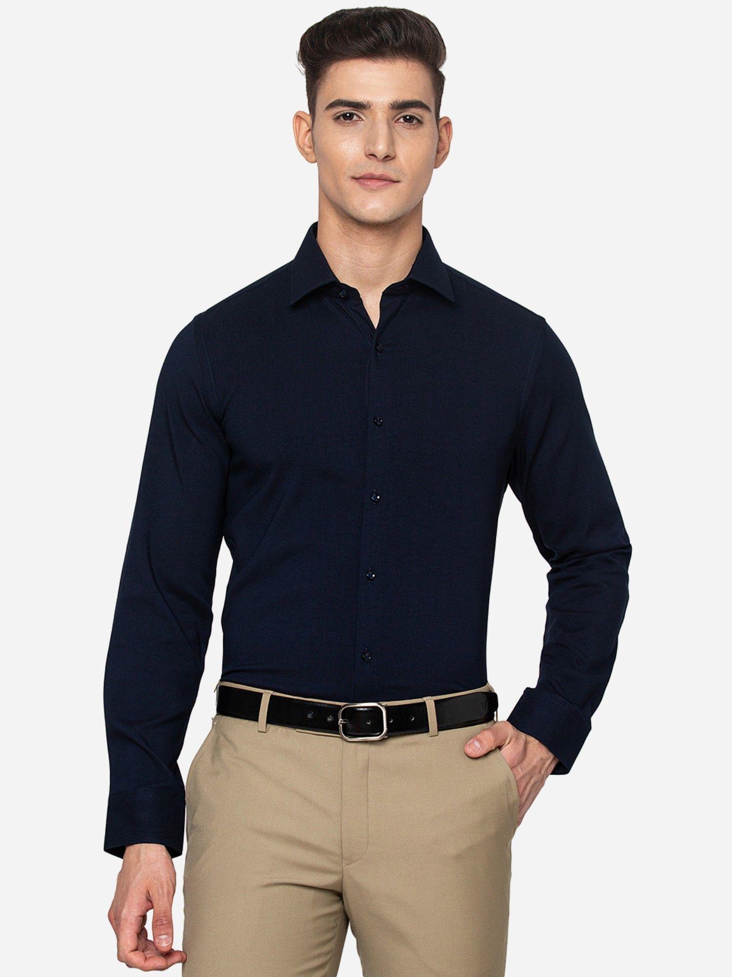 men navy blue cotton slim fit solid formal party wear shirt