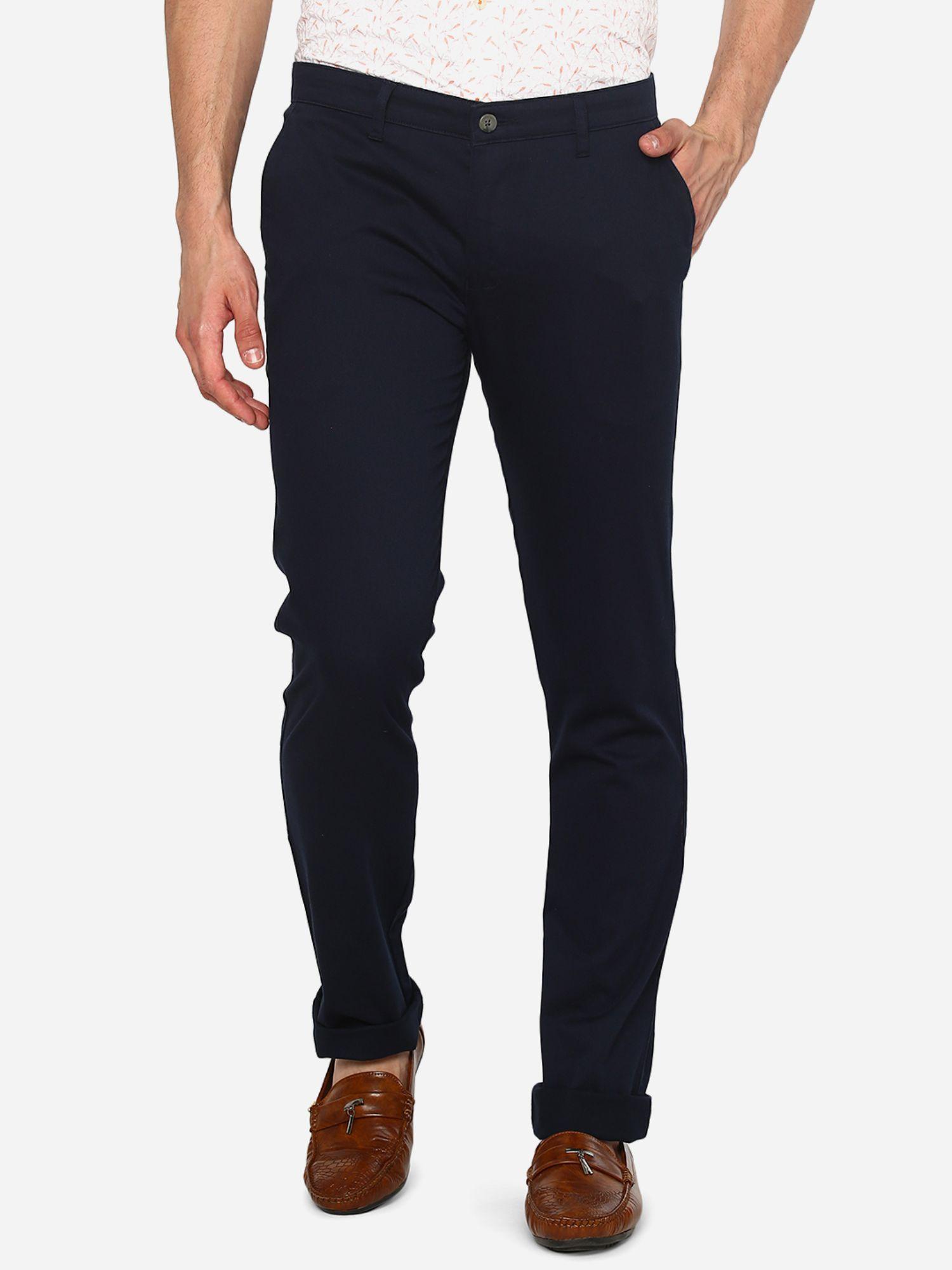 men navy blue cotton super slim fit solid casual trouser