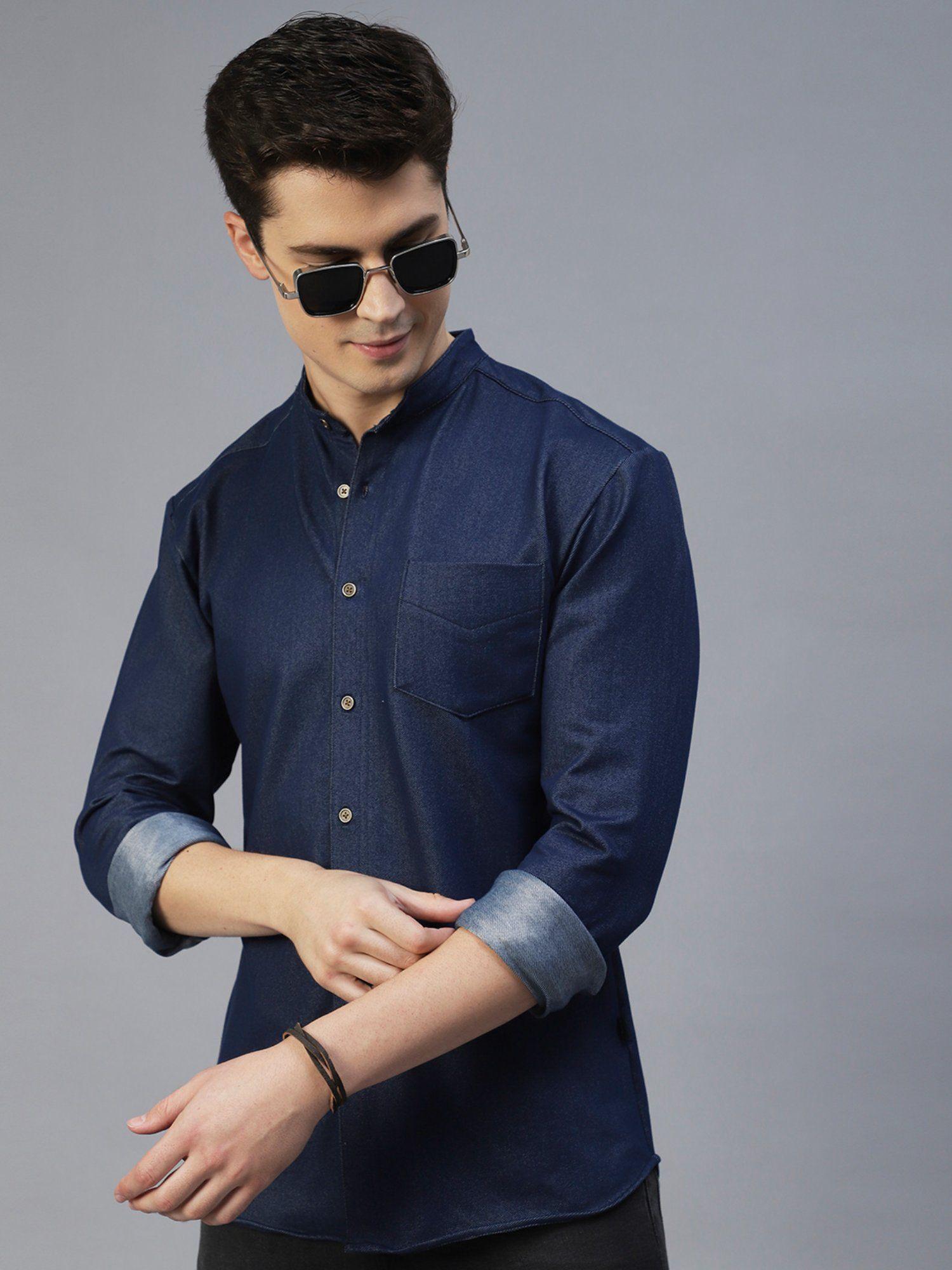 men navy blue denim banded collar full sleeve shirt