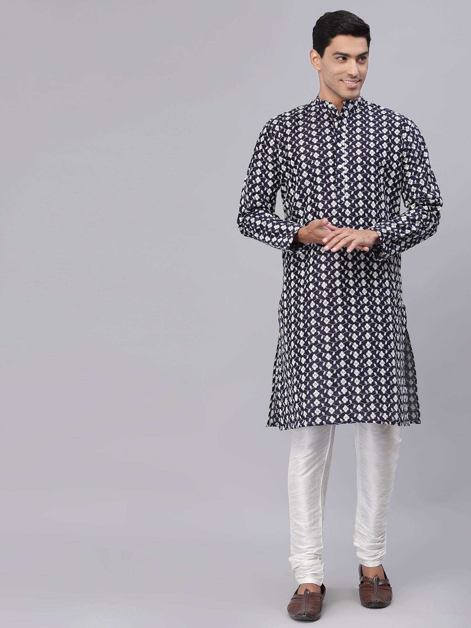 men navy blue dupion silk chikankari straight kurta and churidaar (set of 2)