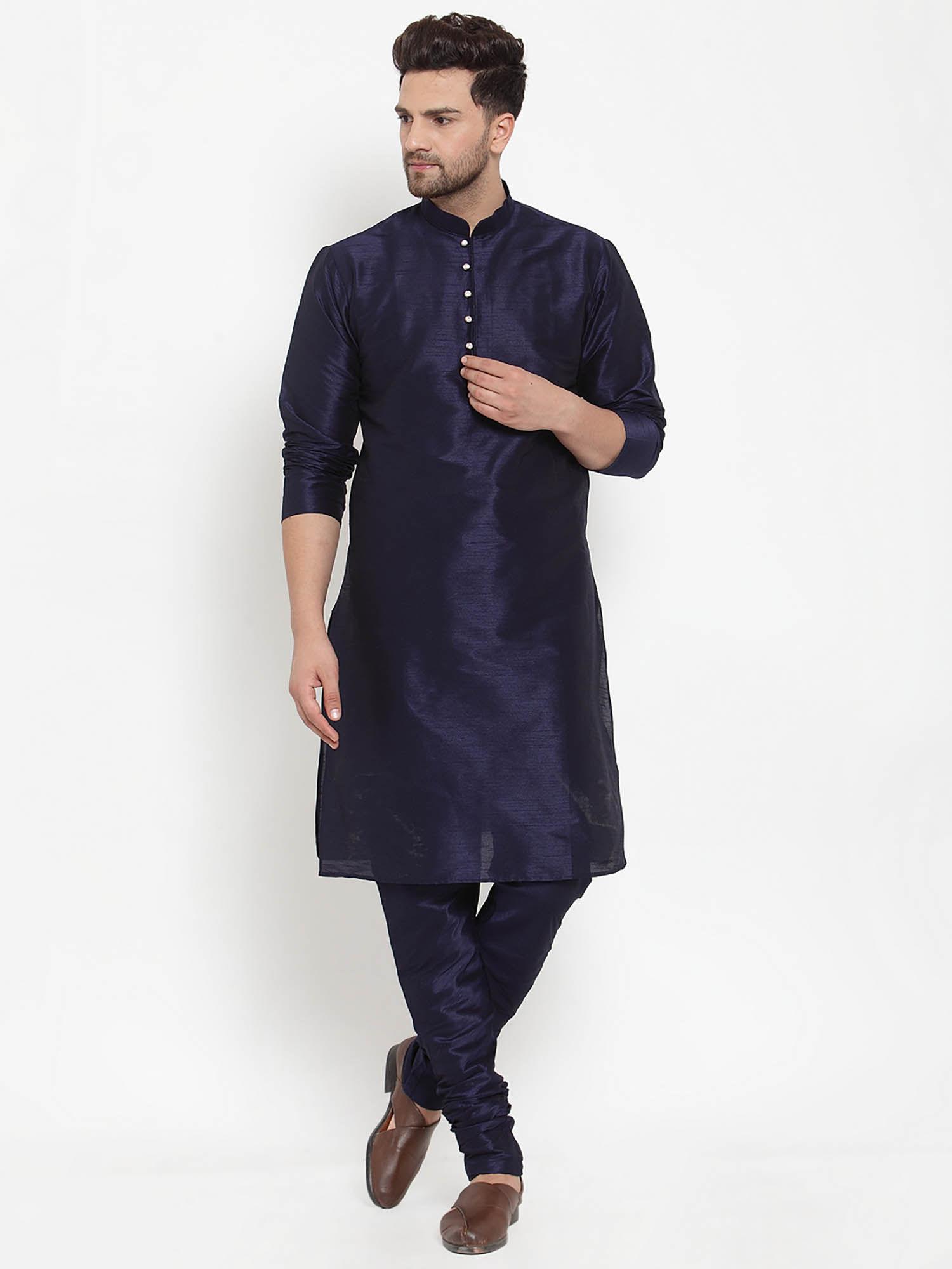 men navy blue dupion silk kurta with churidar (set of 2)