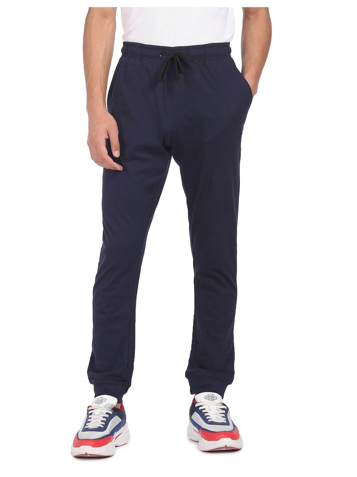 men navy blue elasticized waist solid joggers